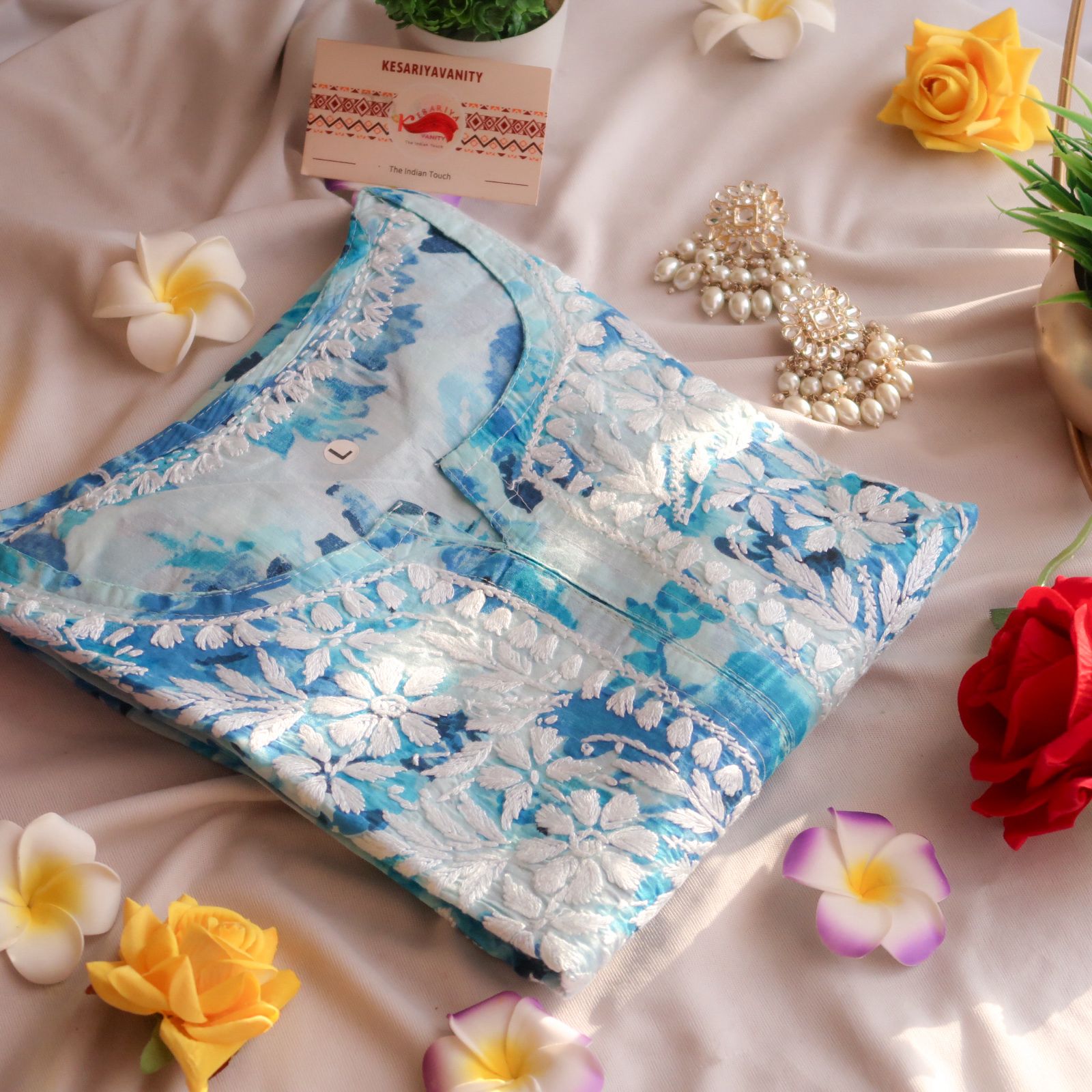 Chikankari Blossom Blue Hues Long Kurta