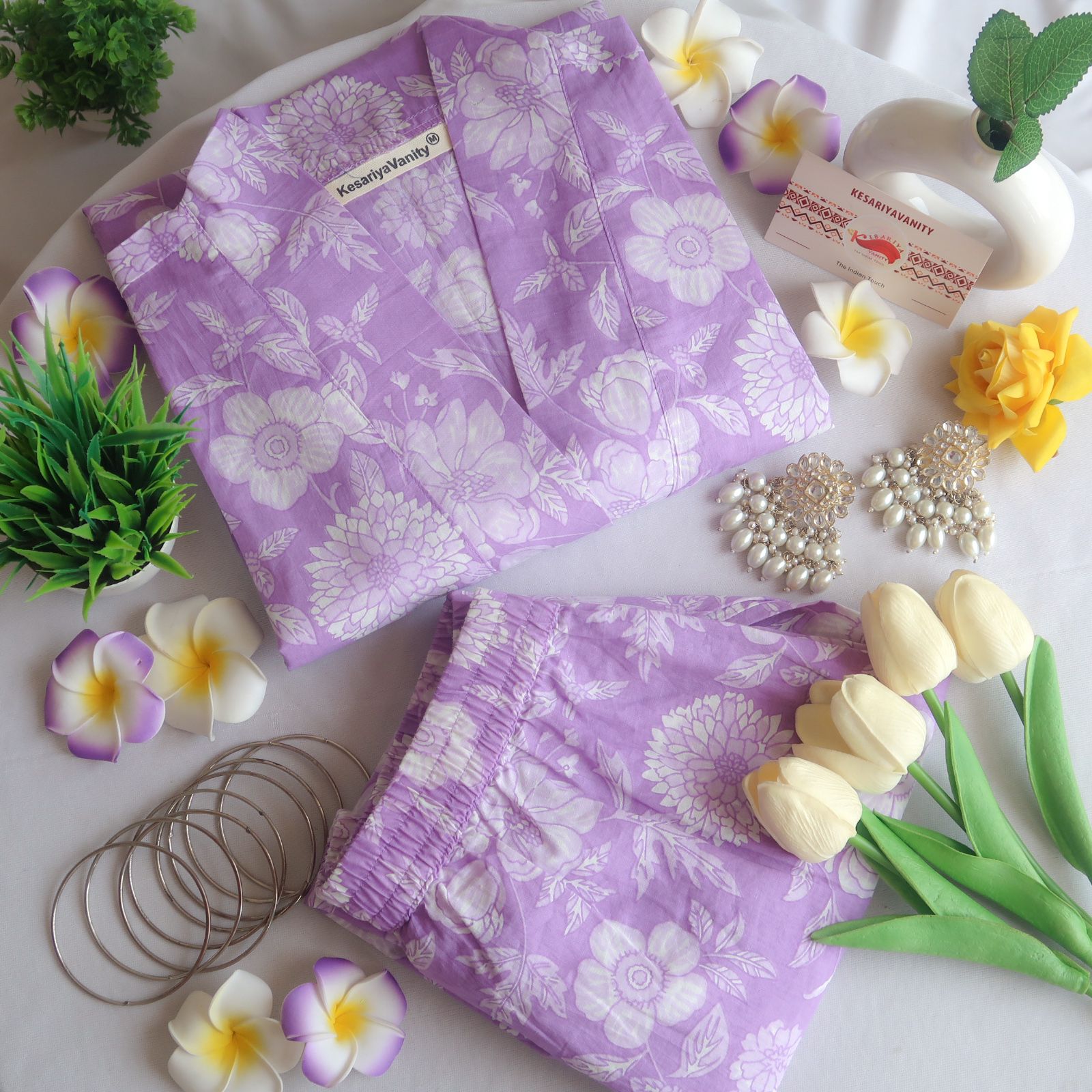 Lavender Floral V-Neck Suit Set